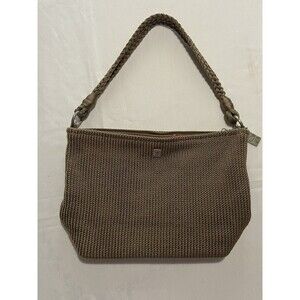 lina Crochet Shoulder bag Braided Handle Tan Lining Pink Floral Fabric 4 Pockets